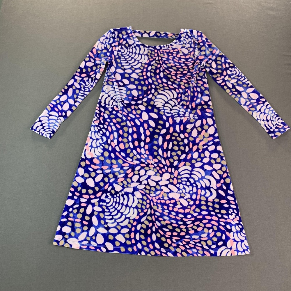 Lilly Pulitzer Velour Shift Dress Womens XXS Blue Geometric V-Neck Long Sleeve - Picture 2 of 14